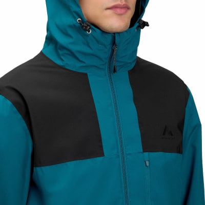 Herrenjacke von McKinley mit Kapuze, farblich in Schwarz und Türkis aufgeteilt. Herrenjacke von McKinley mit Kapuze, farblich in Schwarz und Türkis aufgeteilt.