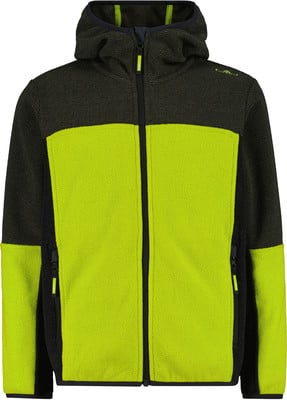 Grüne Kinder-Fleecejacke mit Kapuze und schwarzen Details. Grüne Kinder-Fleecejacke mit Kapuze und schwarzen Details.