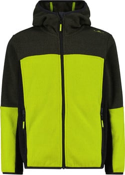 Grüne Kinder-Fleecejacke mit Kapuze und schwarzen Details.