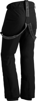 Schwarze Skihose mit grauen Hosenträgern und Logo auf dem linken Bein.