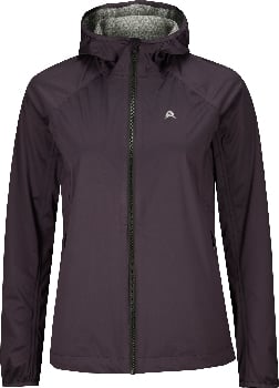 Dunkelviolette Damenjacke mit Kapuze und Logo auf der Brust.