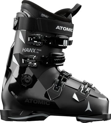 Schwarzer Atomic Hawx Prime RX Skischuh mit Schnallen und Logo. Schwarzer Atomic Hawx Prime RX Skischuh mit Schnallen und Logo.