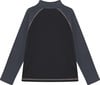 Schwarzer Pullover mit langen Ärmeln und dunkelgrauen Ärmeln und Kragen.