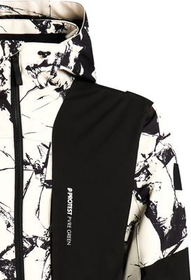 Jacke mit auffälligem schwarz-weißem Print und schwarzen Einsätzen an den Schultern. Jacke mit auffälligem schwarz-weißem Print und schwarzen Einsätzen an den Schultern.
