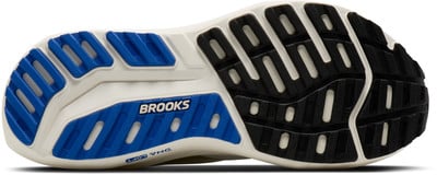 Laufschuhsohle von Brooks mit blauen und schwarzen Elementen und Logo. Laufschuhsohle von Brooks mit blauen und schwarzen Elementen und Logo.