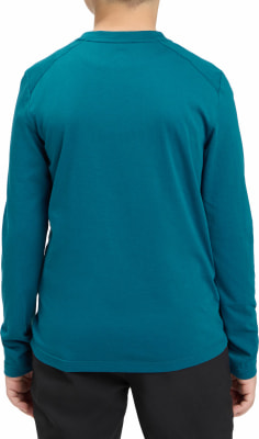 Rückansicht einer Person in einem dunkelblauen Langarmshirt. Rückansicht einer Person in einem dunkelblauen Langarmshirt.