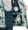 Die Innenseite einer Kinder-Winterjacke mit Baum- und Bärenmuster.