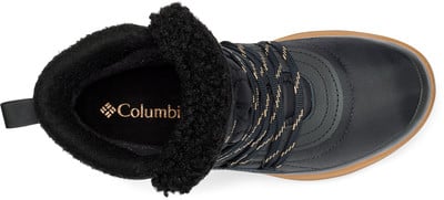 Schwarzer Winterstiefel von Columbia mit Pelz und goldenen Schnürsenkeln von oben.