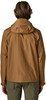Rückansicht eines Mannes in brauner Kapuzenjacke und grüner Hose.