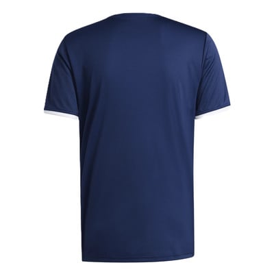 Rückseite eines dunkelblauen T-Shirts mit weißem Ärmelbündchen. Rückseite eines dunkelblauen T-Shirts mit weißem Ärmelbündchen.