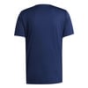 Rückseite eines dunkelblauen T-Shirts mit weißem Ärmelbündchen.