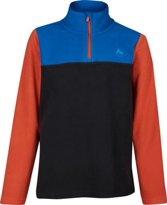 Eine blaue, schwarze und orangefarbene Fleecejacke mit kurzem Reißverschluss und Logo. Eine blaue, schwarze und orangefarbene Fleecejacke mit kurzem Reißverschluss und Logo.