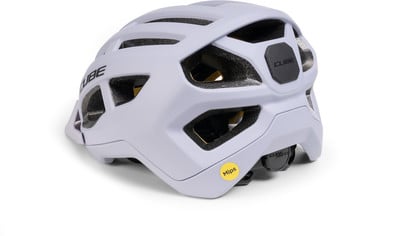 Ein violetter Cube Fahrradhelm mit MIPS-Technologie und Belüftung. Ein violetter Cube Fahrradhelm mit MIPS-Technologie und Belüftung.