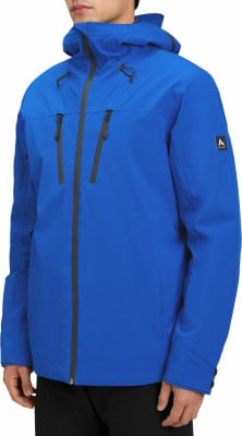 Blaue Herrenjacke mit Kapuze und dunklen Reißverschlüssen, mit Logo auf dem Ärmel.
