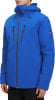 Blaue Herrenjacke mit Kapuze und dunklen Reißverschlüssen, mit Logo auf dem Ärmel.