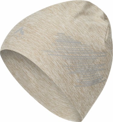 Beige Mütze mit reflektierendem Muster und Logo. Beige Mütze mit reflektierendem Muster und Logo.