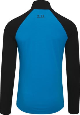 Ein blaues Langarmshirt mit schwarzen Ärmeln und einem Logo auf dem Rücken. Ein blaues Langarmshirt mit schwarzen Ärmeln und einem Logo auf dem Rücken.