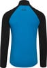 Ein blaues Langarmshirt mit schwarzen Ärmeln und einem Logo auf dem Rücken.