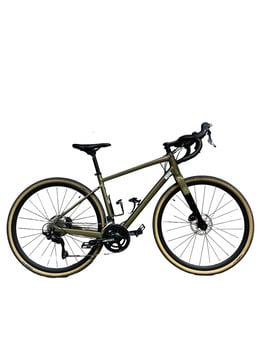 Grünes Gravelbike mit cremefarbenen Reifen und schwarzen Felgen.
