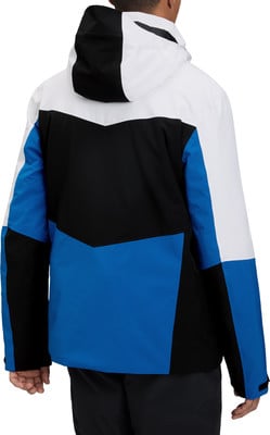 Rückansicht einer Herrenjacke mit Kapuze in Weiß, Schwarz und Blau. Rückansicht einer Herrenjacke mit Kapuze in Weiß, Schwarz und Blau.
