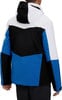 Rückansicht einer Herrenjacke mit Kapuze in Weiß, Schwarz und Blau.