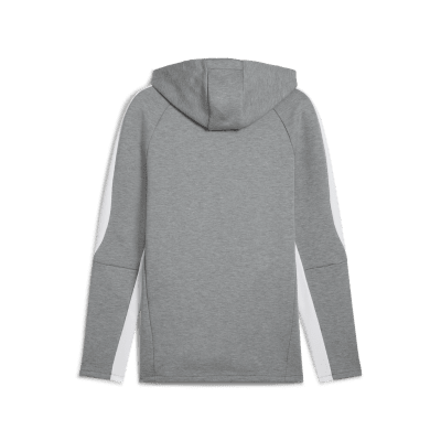 Grauer Kapuzenpullover mit weißen Streifen an den Ärmelseiten. Grauer Kapuzenpullover mit weißen Streifen an den Ärmelseiten.