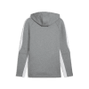 Grauer Kapuzenpullover mit weißen Streifen an den Ärmelseiten.