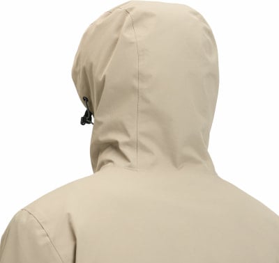 Rückansicht einer beige Kapuzenjacke mit Kordelzug. Rückansicht einer beige Kapuzenjacke mit Kordelzug.