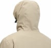 Rückansicht einer beige Kapuzenjacke mit Kordelzug.