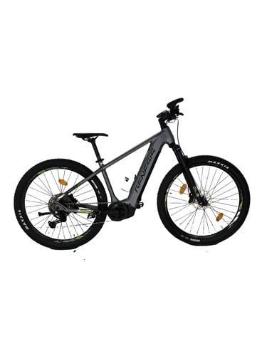 Graues Mountainbike mit schwarzen Rädern und grünen Akzenten.