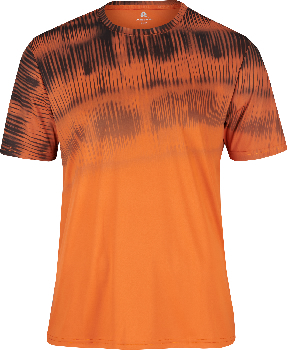 Orange T-Shirt mit schwarzem Batikmuster und kurzen Ärmeln.