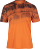 Orange T-Shirt mit schwarzem Batikmuster und kurzen Ärmeln.