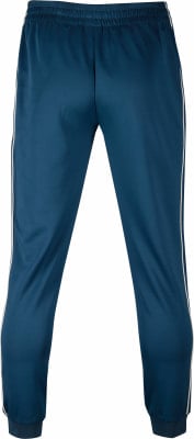 Blaue Trainingshose mit weißen Seitenstreifen und elastischem Bund. Blaue Trainingshose mit weißen Seitenstreifen und elastischem Bund.