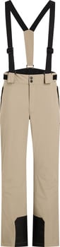 Beige Skihose mit schwarzen Hosenträgern und schwarzen Beinabschlüssen.