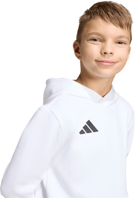 Ein Junge in einem weißen Kapuzenpullover mit Adidas-Logo auf der Brust. Ein Junge in einem weißen Kapuzenpullover mit Adidas-Logo auf der Brust.