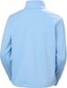 Rückansicht einer hellblauen Jacke mit langen Ärmeln und Stehkragen.