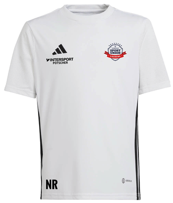 Weißes T-Shirt mit Adidas-, Intersport- und Sport Union Easberg-Logo, mit Initialen NR.
