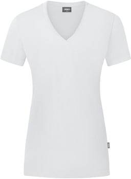 Weißes V-Ausschnitt-T-Shirt mit kurzen Ärmeln und Markenlogo.
