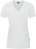 Weißes V-Ausschnitt-T-Shirt mit kurzen Ärmeln und Markenlogo.