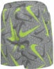 Graue Shorts mit neon-grünen und dunkelgrauen Nike-Logos und Muster.