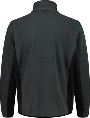 Rückansicht einer dunkelgrauen Fleecejacke mit schwarzen Seitenteilen. Rückansicht einer dunkelgrauen Fleecejacke mit schwarzen Seitenteilen.