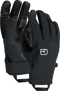 Schwarze Handschuhe mit Lederdetails und Markenlogo auf dem Handrücken.