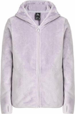 Lila Plüschjacke mit Kapuze und Reißverschluss für Kinder. Lila Plüschjacke mit Kapuze und Reißverschluss für Kinder.