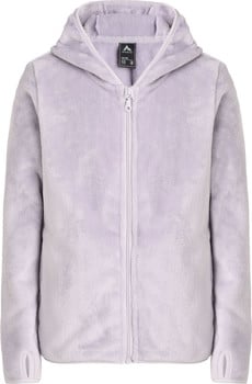 Lila Plüschjacke mit Kapuze und Reißverschluss für Kinder.