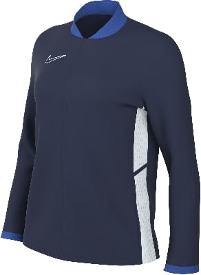 Dunkelblaue Nike Jacke mit weißem Logo und blauem Kragen. Dunkelblaue Nike Jacke mit weißem Logo und blauem Kragen.