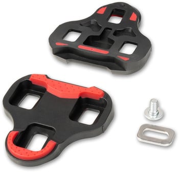 Zwei schwarze Fahrradklickpedale mit roten Elementen und Schrauben.