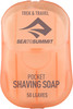 Orange Schachtel mit der Aufschrift Pocket Shaving Soap, 50 Blätter.
