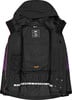 Innere Seite einer schwarzen Skijacke mit violetten Details und Logo