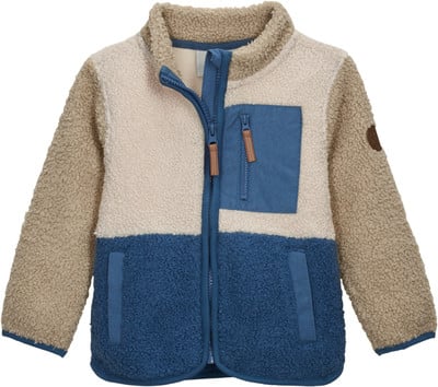 Eine beigefarbene und blaue Fleecejacke mit Reißverschlusstasche und braunen Details. Eine beigefarbene und blaue Fleecejacke mit Reißverschlusstasche und braunen Details.