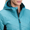 Detail einer Damen-Daunenjacke mit Kapuze, türkisfarben.